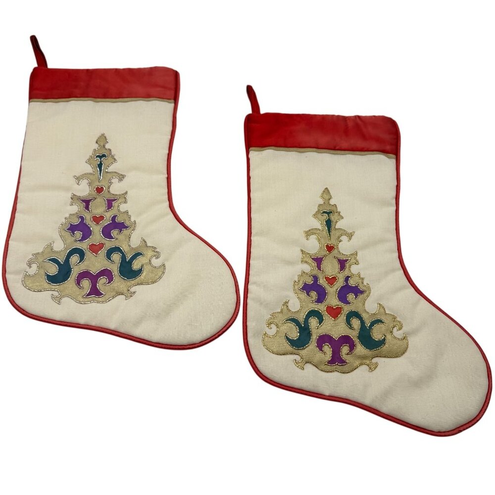 Calista Crafts vintage Christmas stocking Gold tone‎ appliqued tree satin